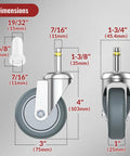 Dimensions diagram of 3 Inch Swivel Stem Caster Wheels Set Of Four Heavy Duty Seven Sixteenth Inch Stem Diameter TPR Rubber Replacement Castors