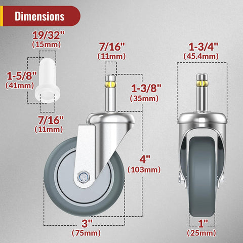Dimensions diagram of 3 Inch Swivel Stem Caster Wheels Set Of Four Heavy Duty Seven Sixteenth Inch Stem Diameter TPR Rubber Replacement Castors