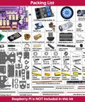 Hands-On Mars Rover PiCar-B Smart Car Kit For Raspberry Pi Series 5, 4B, 3B, 3B Plus Kid-Friendly With Obstacle Avoidance, Line Tracking, Light Tracing, Camera, Voice Commands, Python Coding, And A 309-Page PDF Tutorial. packing list of Raspberry Pi robot parts and acrylic frame