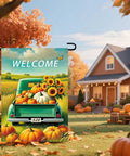 Fall Truck Garden Flag 12x18 Inch Green Pickup Packed With Pumpkins And Sunflowers Welcome Double Sided Autumn Harvest Yard Decor
