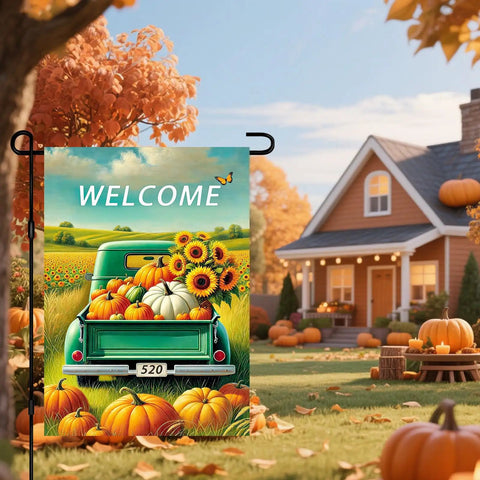 Fall Truck Garden Flag 12x18 Inch Green Pickup Packed With Pumpkins And Sunflowers Welcome Double Sided Autumn Harvest Yard Decor