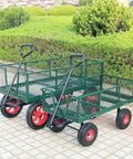 Two green Beefy All Terrain Utility Cart Heavy Duty Garden Trailers with mesh sides, 10-inch wheels, parked on a paved path.
