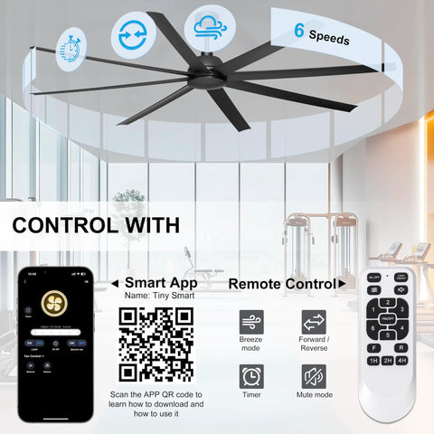 84 Inch Ceiling Fan No Light With Remote And App Control, Beefy Industrial DC Motor, display of smart app and remote control options