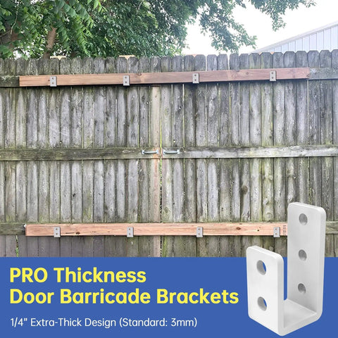 Heavy Duty 2x4 Door Barricade Brackets For Wood Sheds Gates And Basements Built Tough With Industrial Grade U Shaped Security Brackets One Quarter Inch Thick Steel 2x4 Lumber Lock White installed on wooden fence
