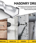 Masonry drill bit demonstrating drilling into red brick wall, ceramic tile, concrete, and mortar with strong penetration.
