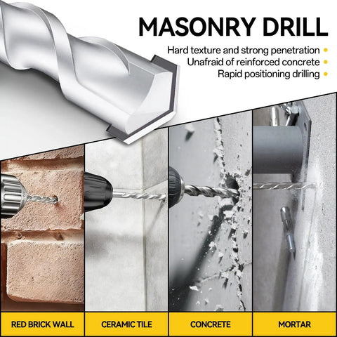 Masonry drill bit demonstrating drilling into red brick wall, ceramic tile, concrete, and mortar with strong penetration.