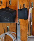 E Track J Hooks Heavy Duty Hanging Hooks For Trailers holding luggage, tools, and hoses on wood panel, secure mount