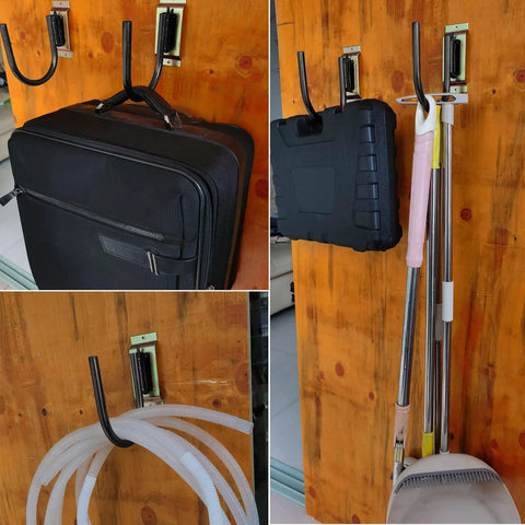 E Track J Hooks Heavy Duty Hanging Hooks For Trailers holding luggage, tools, and hoses on wood panel, secure mount