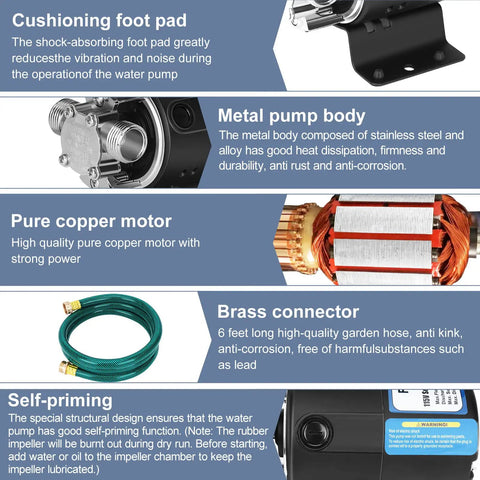 Ready To Roll Heavy Duty 1/10 Hp Electric Water Transfer Pump Delivering 330 Gph Flow With 40 Ft Lift showing metal body and pure copper motor.