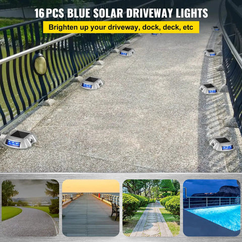 16 Pack Solar Dock Lights For Outdoor Pathways And Driveways, Bright Blue 6 LED Waterproof Wireless Path Lights With Screw Mount on sidewalk