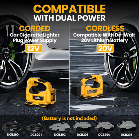 Cordless Tire Inflator Air Compressor For Cars And Bikes On The Go With 150 PSI, LED Light, Digital Gauge, Dual Power Options