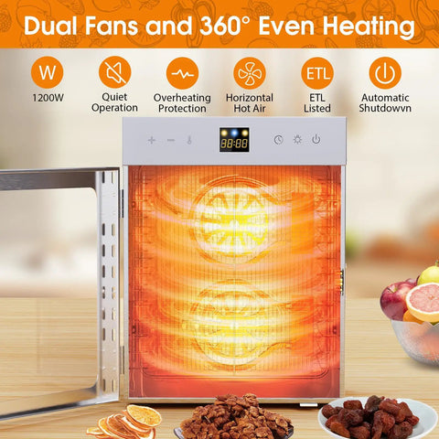 Straight Up Heavy Duty 12 Tray Food Dehydrator For Jerky And Dog Treats, 1200W Motor showing dual fans and even heating with orange background.