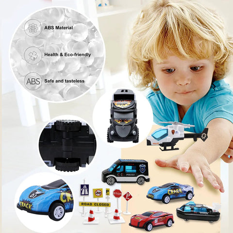 Child playing with Big Transport Car Carrier Set With 12 Die Cast Vehicles And 8 Traffic Signs For Kids Ages 3 To 7 Durable Plastic