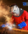 Genuine Kevlar Welding Neck Guard Built Tough As Nails For Daily Job Site Grind Cut Heat And Flame Resistant Armor worn by welder.