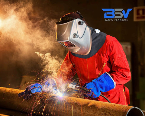 Genuine Kevlar Welding Neck Guard Built Tough As Nails For Daily Job Site Grind Cut Heat And Flame Resistant Armor worn by welder.
