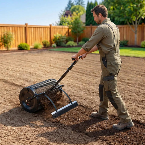 Man using Walk Behind Or Towable Compost Spreader with 24 inch spreading width on soil, adjustable push handle, in garden setting