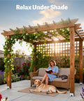 Pergola shaded outdoor area with woman reading on sofa and dog resting, highlighting 4x4 Galvanized Post Base Anchor for wood to concrete.