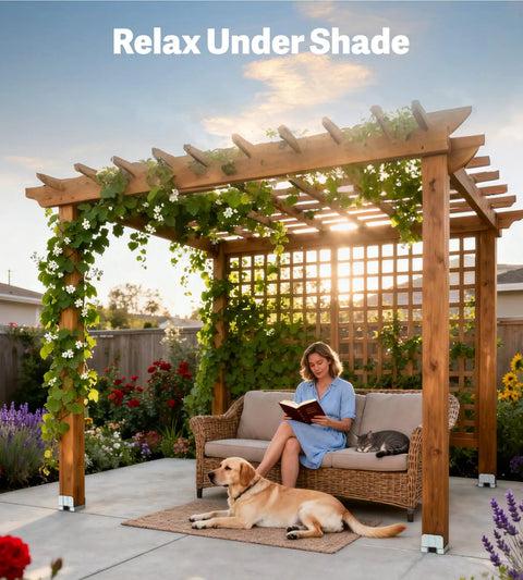 Pergola shaded outdoor area with woman reading on sofa and dog resting, highlighting 4x4 Galvanized Post Base Anchor for wood to concrete.