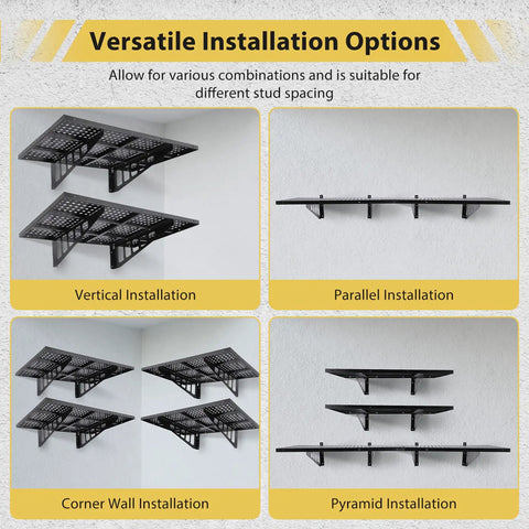 Heavy Duty Garage Wall Shelves 2 Pack 2x3 Ft Wall Mounted Storage Racks With Four Hooks Up To 560 Lbs Total Displayed in Various Installations