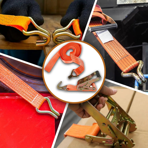 Heavy Duty Ratchet Straps 15 Foot By 1.5 Inch Cargo Tie Down Bands To Lock Down Your Load With Spring Collet System For Trailer Haul And Truck Bed Securement Rock Solid Polyester Webbing, featuring hooks and durable webbing.