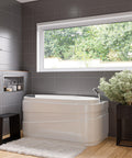 Modern bathroom with a Ready To Mount 24 X 12 Inch Brushed Stainless Steel Bath Shower Niche With Horizontal Single Shelf No Tile Work Needed.