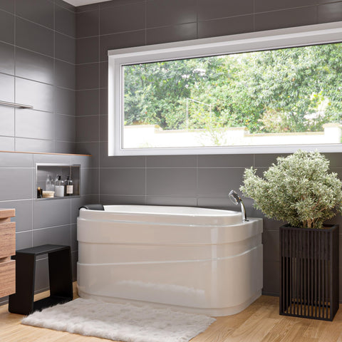 Modern bathroom with a Ready To Mount 24 X 12 Inch Brushed Stainless Steel Bath Shower Niche With Horizontal Single Shelf No Tile Work Needed.