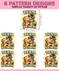 Six Pack 7x7 Inch Iron On Transfers For T Shirts And Hoodies DTF Heat Press Stickers featuring "Team Punch" design