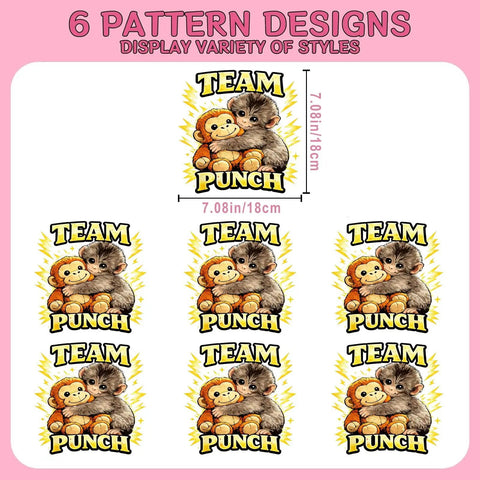 Six Pack 7x7 Inch Iron On Transfers For T Shirts And Hoodies DTF Heat Press Stickers featuring "Team Punch" design