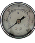 Front view of a metal air pressure gauge with chrome bezel, white dial, and psi/bar/kPa markings