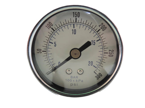 Front view of a metal air pressure gauge with chrome bezel, white dial, and psi/bar/kPa markings