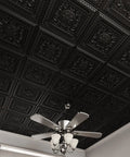 Ceiling with ornate black tiles and a silver chandelier beneath 2x2 Gray Drop Ceiling Tiles Easy Install Glue Up Or Grid Install