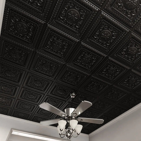 Ceiling with ornate black tiles and a silver chandelier beneath 2x2 Gray Drop Ceiling Tiles Easy Install Glue Up Or Grid Install