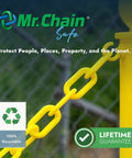 Yellow plastic barrier chain against a fenced background highlighting the recyclable nature and lifetime guarantee.