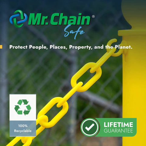Top Shelf Orange Plastic Barrier Chain Five Hundred Feet Long For Crowd Control And Venue Lines Built Tough With Heavy Duty Polyethylene To Section Off Zones Smooth Doing It No Sweat At All, shown with yellow link detail.