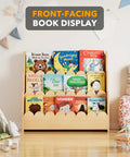 Three Tier Montessori Style Wooden Bookshelf For Toddlers with books displayed in front-facing design in nursery playroom