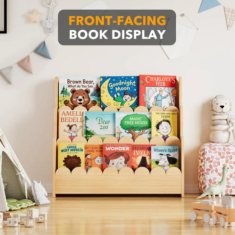 Three Tier Montessori Style Wooden Bookshelf For Toddlers with books displayed in front-facing design in nursery playroom