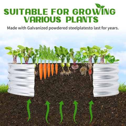 Outdoor Raised Garden Bed Kit, Galvanized Oval Metal Planter Box 120cm L X 60cm W X 30.5cm H diagram showing soil and plants