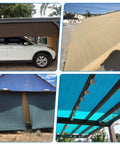 Collage of Beige Shade Cloth 6x300 Feet for outdoor use with carport, rooftop, fence, and pergola applications.