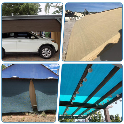 Collage of Beige Shade Cloth 6x300 Feet for outdoor use with carport, rooftop, fence, and pergola applications.