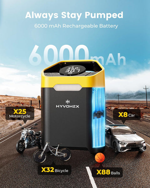 Cordless 160 PSI Tire Inflator Portable Air Pump With Digital Gauge And LED Light beside cars and bikes on road