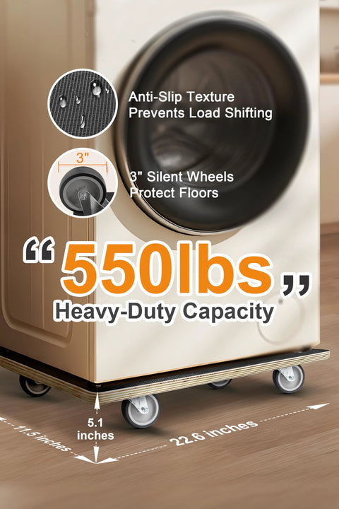 Washing machine on Total 1100 Pound Capacity Heavy Duty Moving Dollies Two Pack with 3 Inch TPR Silent Wheels and non-slip platform