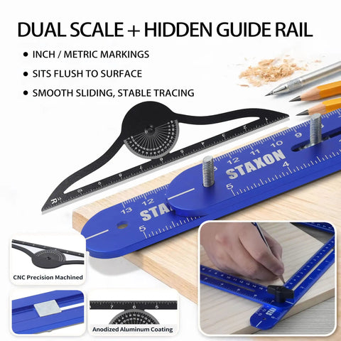 Solid Build Stair Tread Template Tool With Hella Precise Six Fold Measuring Jig For Dead On Staircase Angles And Pro Woodworking Layouts Up To Fifty Two Inches No Sweat Setup showing dual scale with smooth sliding.
