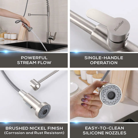 High Arc Kitchen Sink Faucet With Single Handle And Pull Out Spray Head In Stainless Steel Brushed Finish with features
