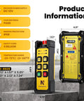 Wireless Crane Remote Control For Hoist And Truck 12V Four Button Industrial Crane Controller with specs and dimensions displayed