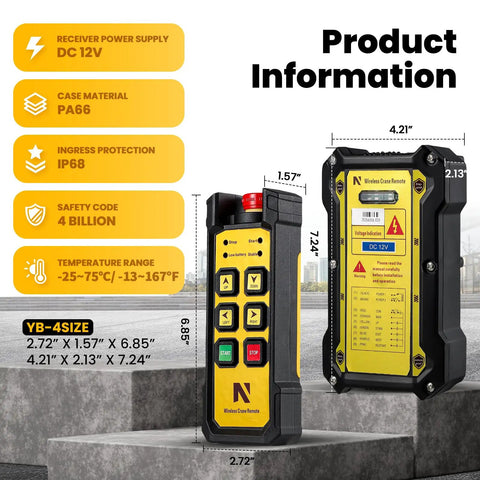 Wireless Crane Remote Control For Hoist And Truck 12V Four Button Industrial Crane Controller with specs and dimensions displayed