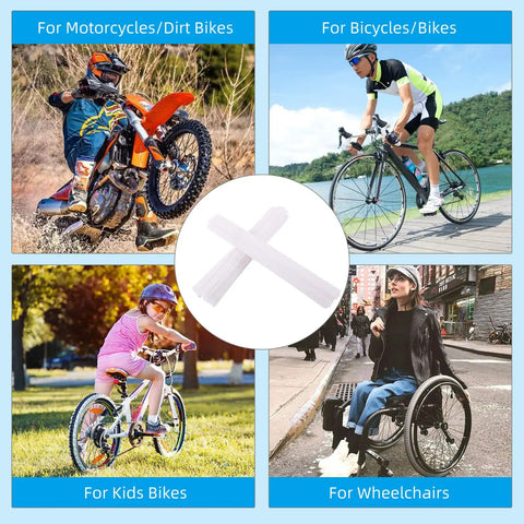 Spoke Skin Covers 72 Piece Pack For 8 to 21 Inch Rims on dirt bikes, bicycles, kids bikes, and wheelchairs.