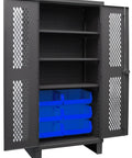 Heavy Duty 36 Inch Lockable Ventilated Storage Cabinet With Six Blue Hook On Bins And Three Adjustable Shelves, open view.