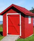 Red shed with Six Pack 12 Inch T Strap Shed Hinge Set in Black Heavy Duty Iron T Hinge for doors, barn gates, fences, garden shed hardware.