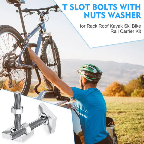 Person using 12 Pack M6 35mm T Slot Bolts With Square Heads For Roof Rack Stainless Steel Heavy Duty T Track Bolts Kit on a bike rack