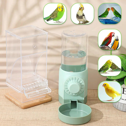 No Sweat Bird Feeder And Water Dispenser Set For Parrot Cages Comes With Two Seed Pots And Two Drinkers To Catch Spills And Keep Your Cage Crisp Featuring A Slick Green Medium Package with clear acrylic feeder and green water dispenser.